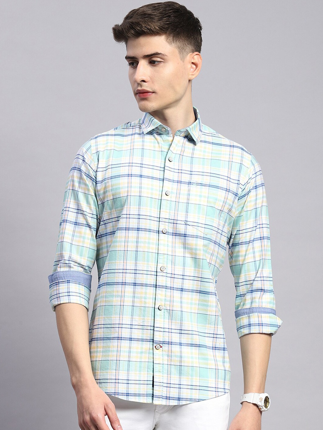 

Monte Carlo Classic Tartan Checks Opaque Cotton Checked Casual Shirt, Turquoise blue