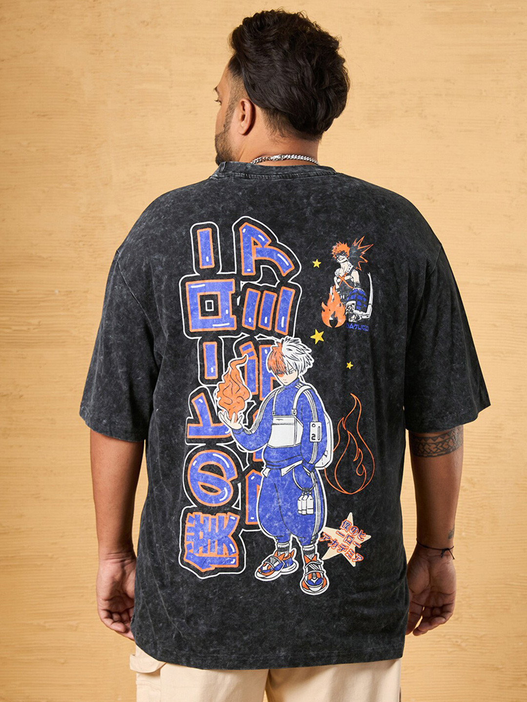 

Bewakoof Plus Cotton Typography Printed Oversized Plus Size Acid Wash T-shirt, Black