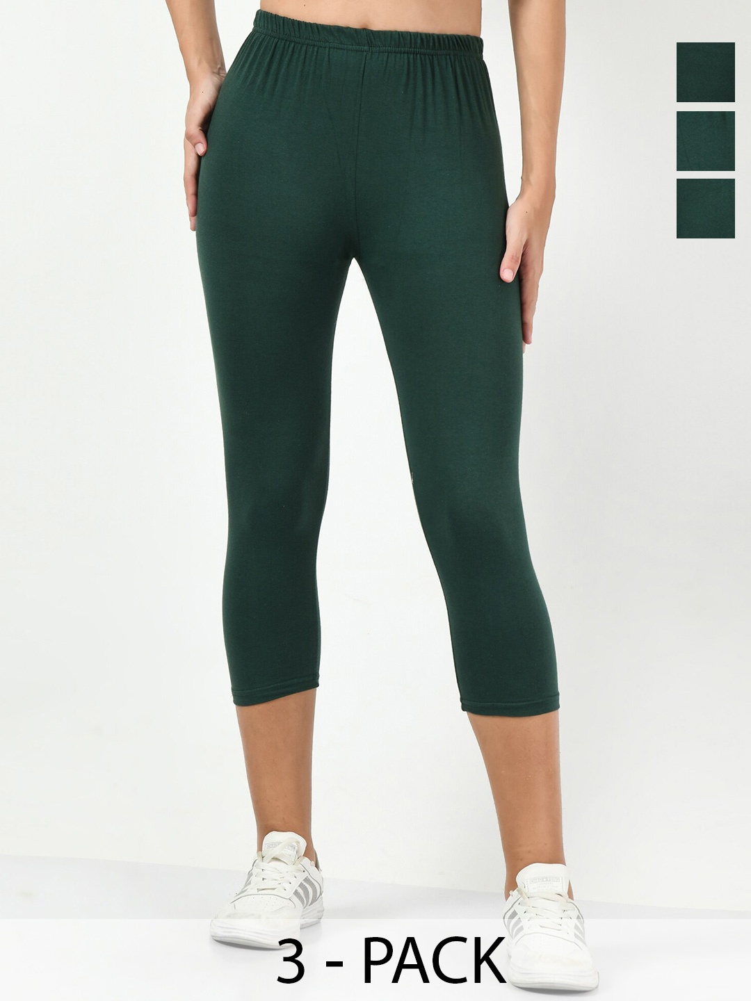 

BAESD Women Pack Of 3 Printed High Rise Slim Fit Cotton Capris, Green