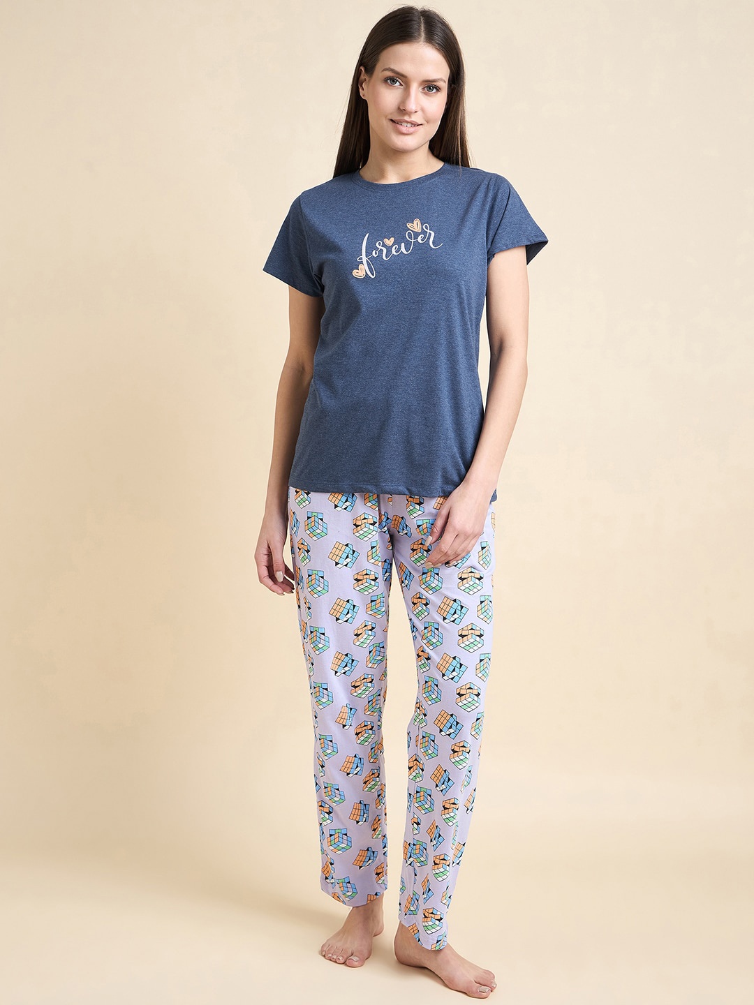 

ETC Navy Blue Typography Printed T-shirt With Pyjamas