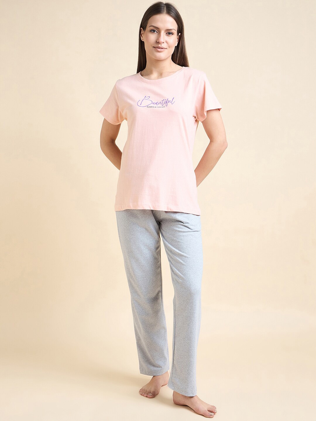 

ETC Pink Typography Printed T-shirt With Pyjamas And Shorts