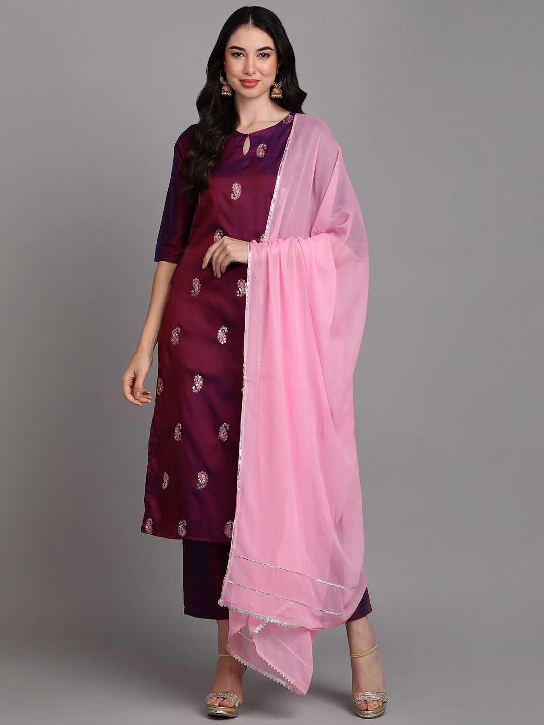 

KALINI Paisley Embroidered Kurta With Trousers & Dupatta, Purple