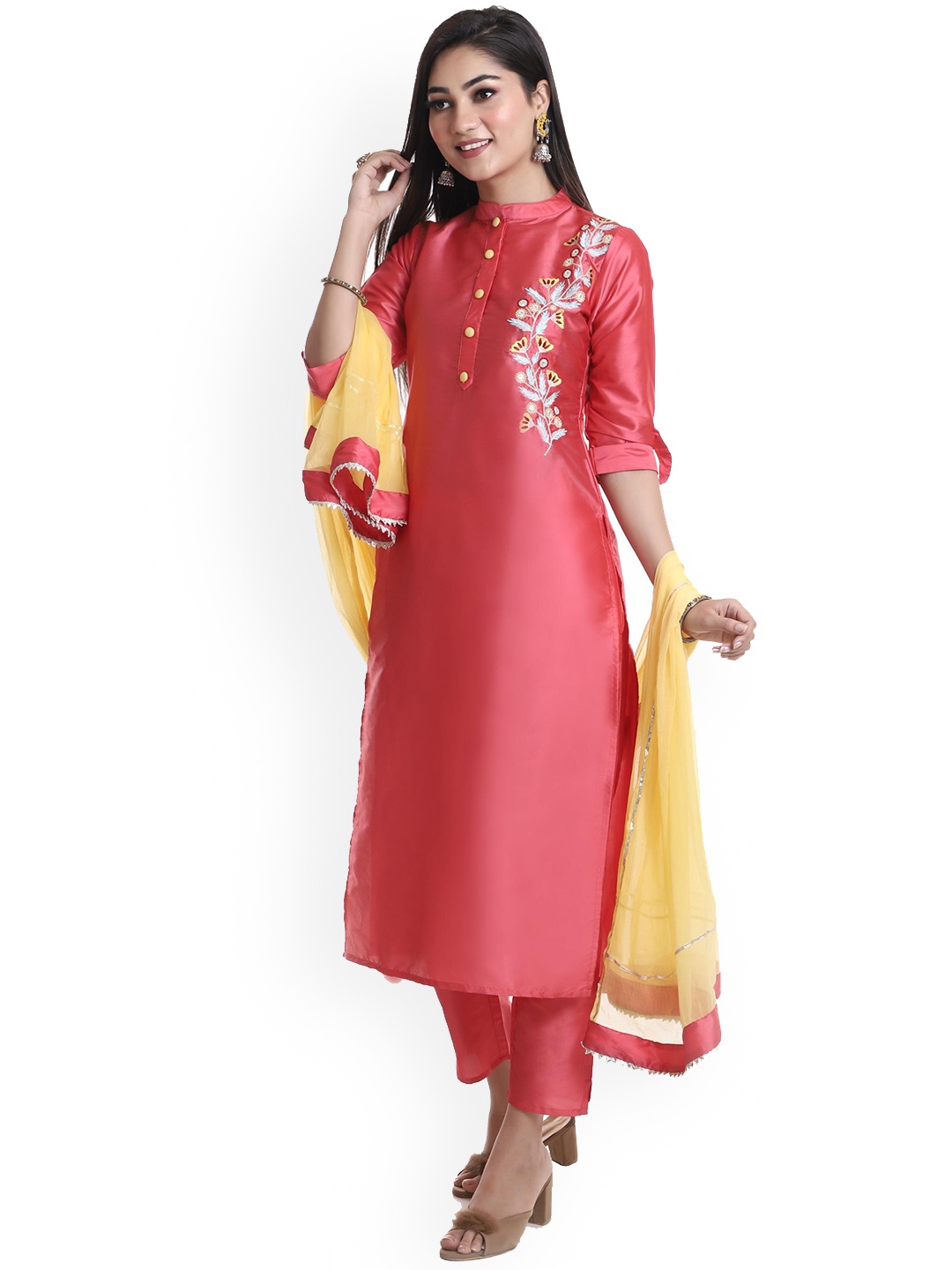 

KALINI Floral Yoke Design Thread Work Kurta With Trousers & Dupatta, Pink