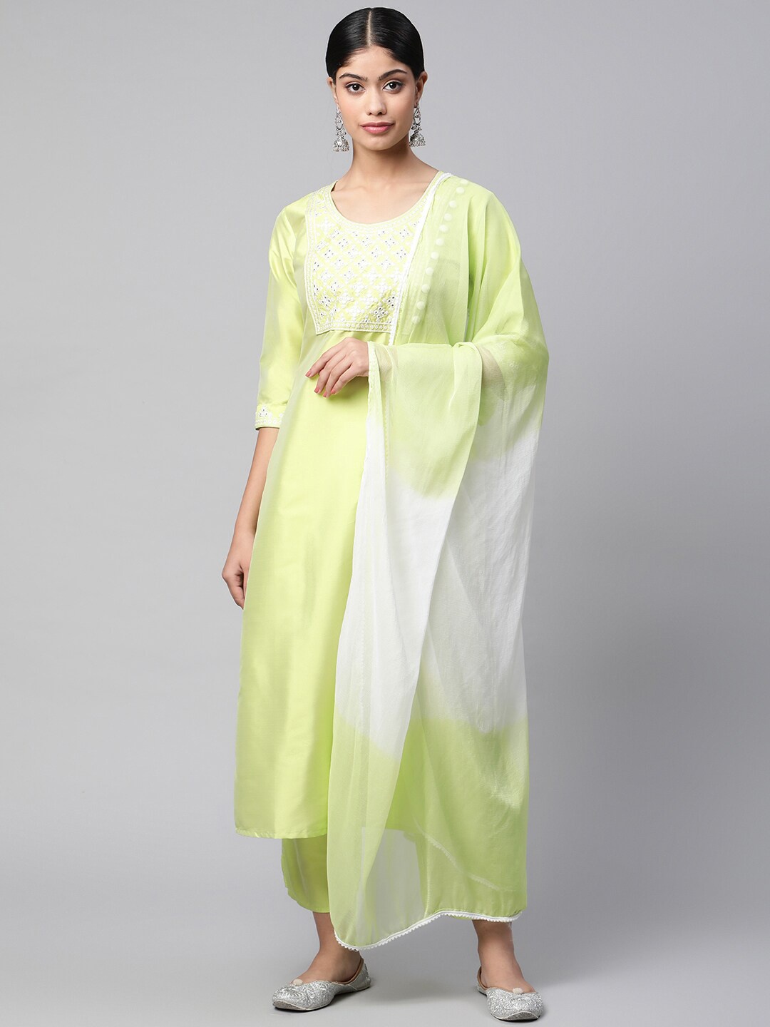 

KALINI Ethnic Motifs Yoke Design Kurta With Trousers & Dupatta, Green