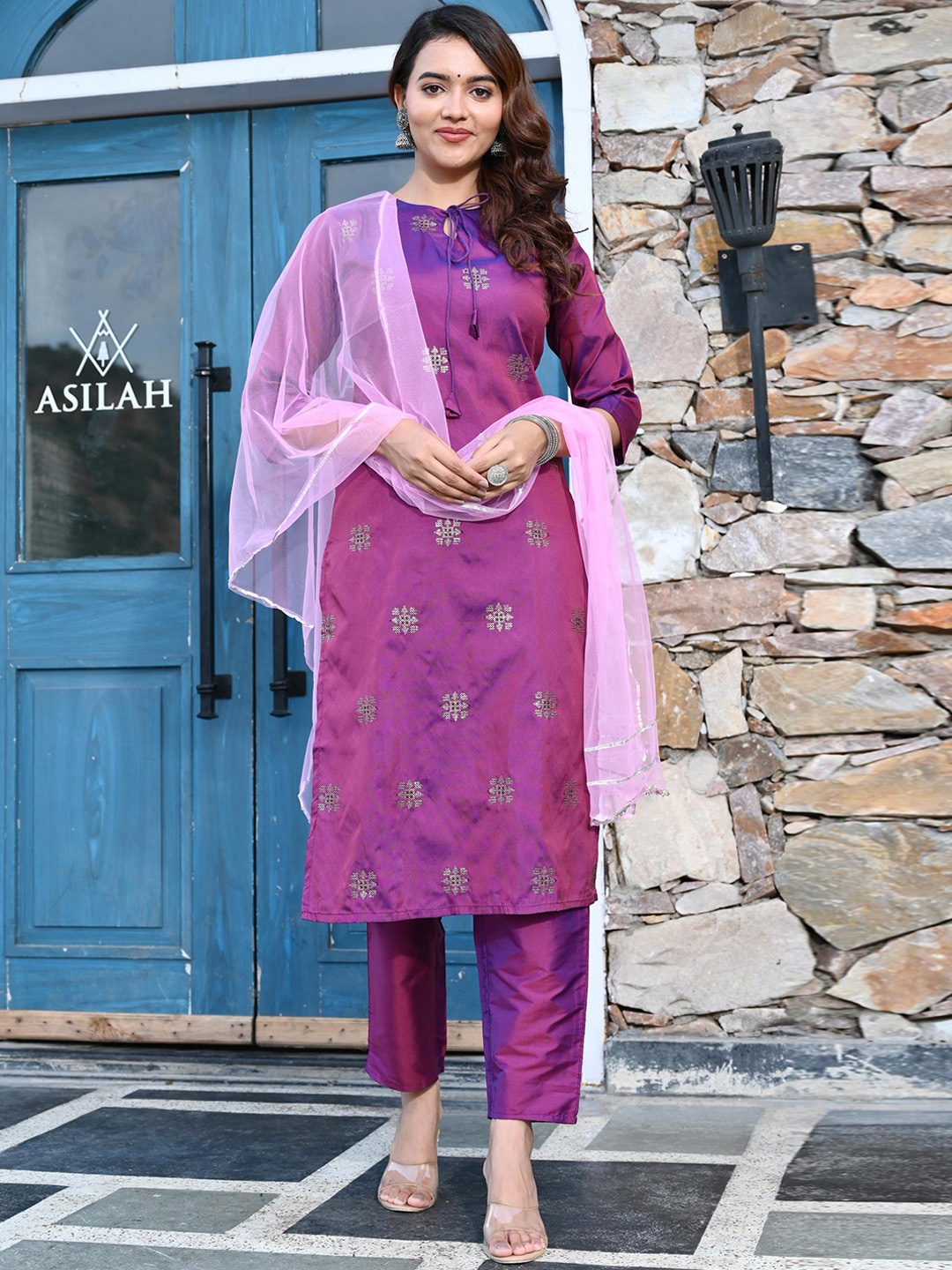 

KALINI Floral Embroidered Regular Sequined Kurta with Trousers & Dupatta, Purple