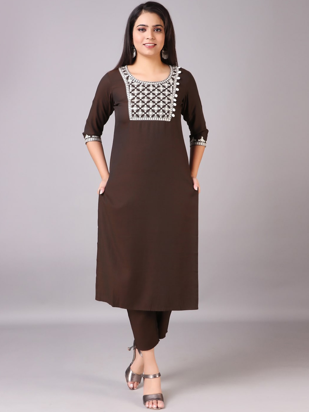 

KALINI Yoke Design Regular Thread Work Kurta With Trousers, Brown