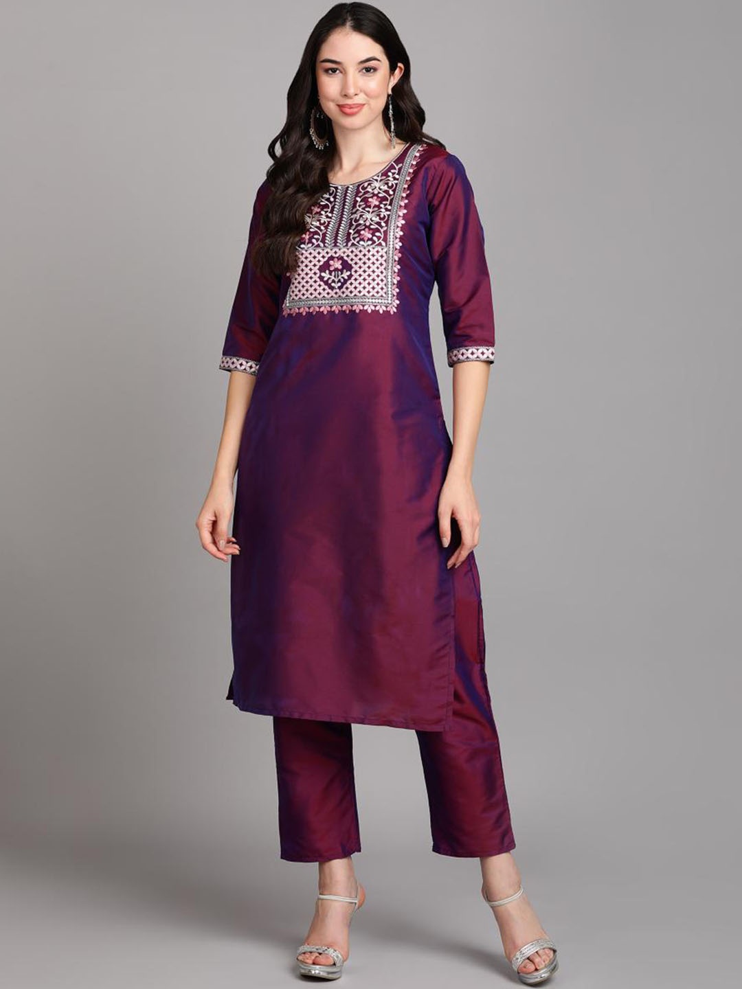 

KALINI Floral Embroidered Regular Thread Work Kurta With Trousers, Purple