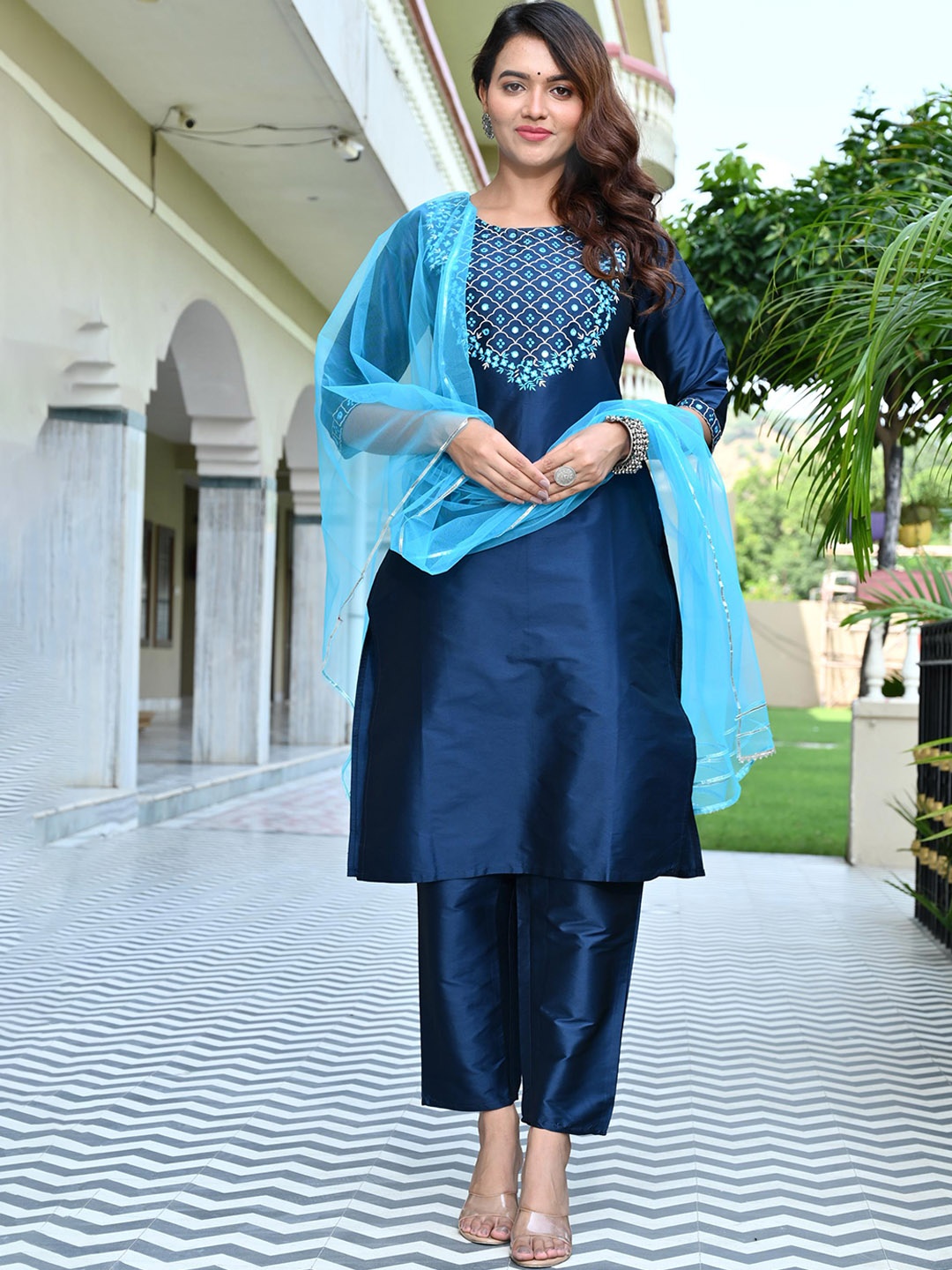 

KALINI Floral Yoke Design Regular Mirror Work Kurta With Trousers & Dupatta, Blue