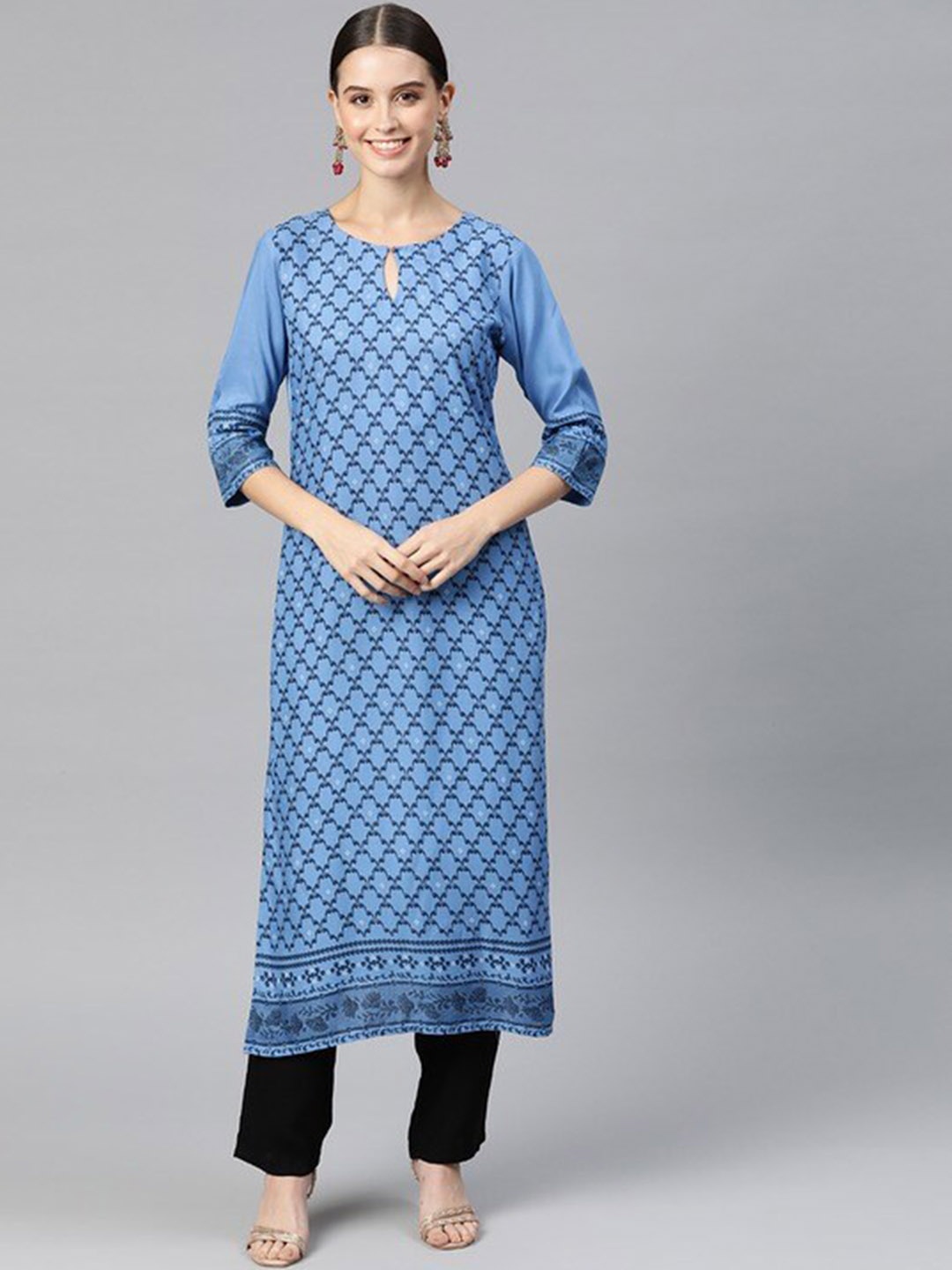 

KALINI Geometric Printed Round Neck Three-Quarter Sleeves Kurta with Trousers, Blue