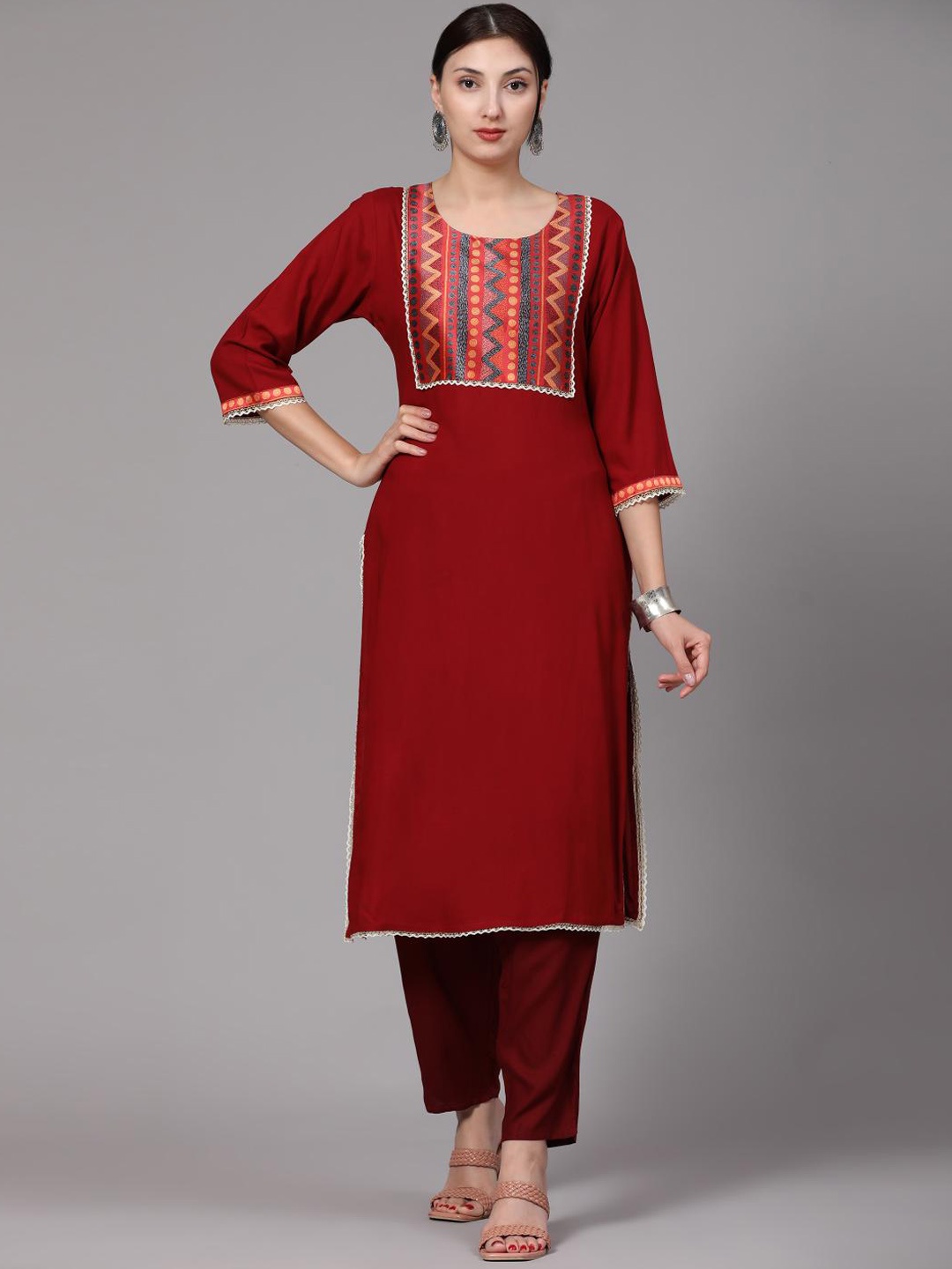

KALINI Printed Round Neck Three-Quarter Sleeves Kurta with Trousers, Maroon