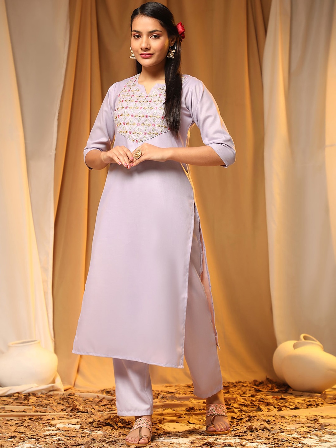 

KALINI Ethnic Motifs Round Neck Three-Quarter Sleeves Thread Work Kurta with Trousers, Purple