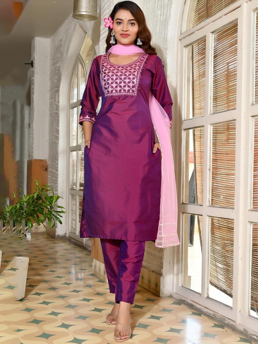 

KALINI Ethnic Motifs Round Neck Three-Quarter Sleeves Thread Work Kurta Set, Purple