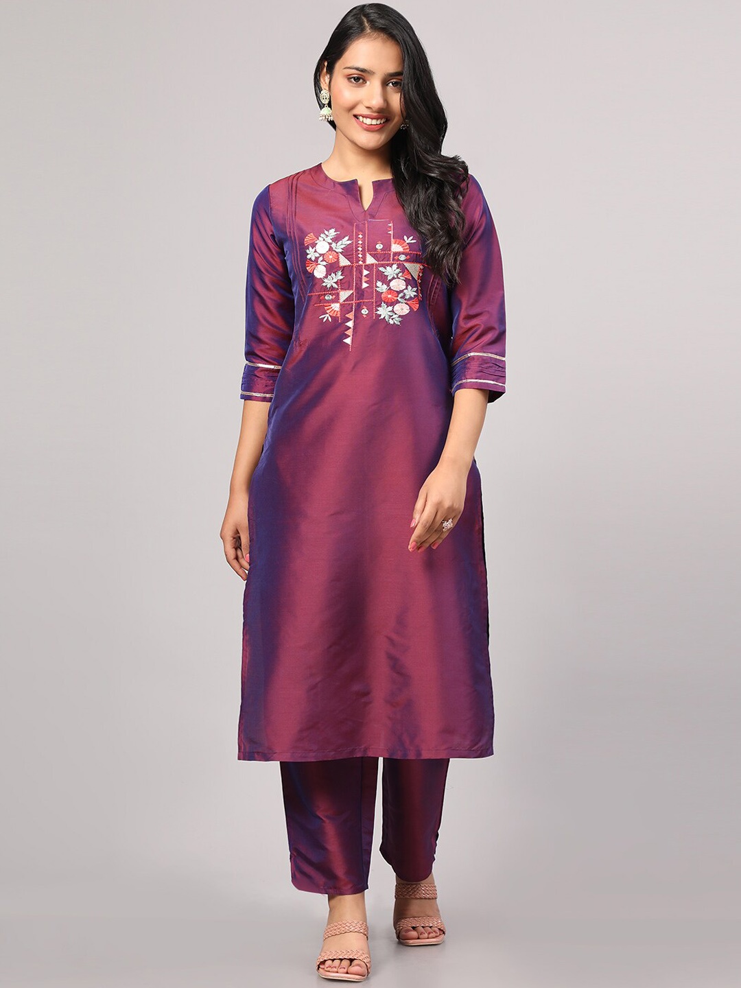 

KALINI Floral Embroidered Round Neck Three-Quarter Sleeves Thread Work Kurta Set, Purple