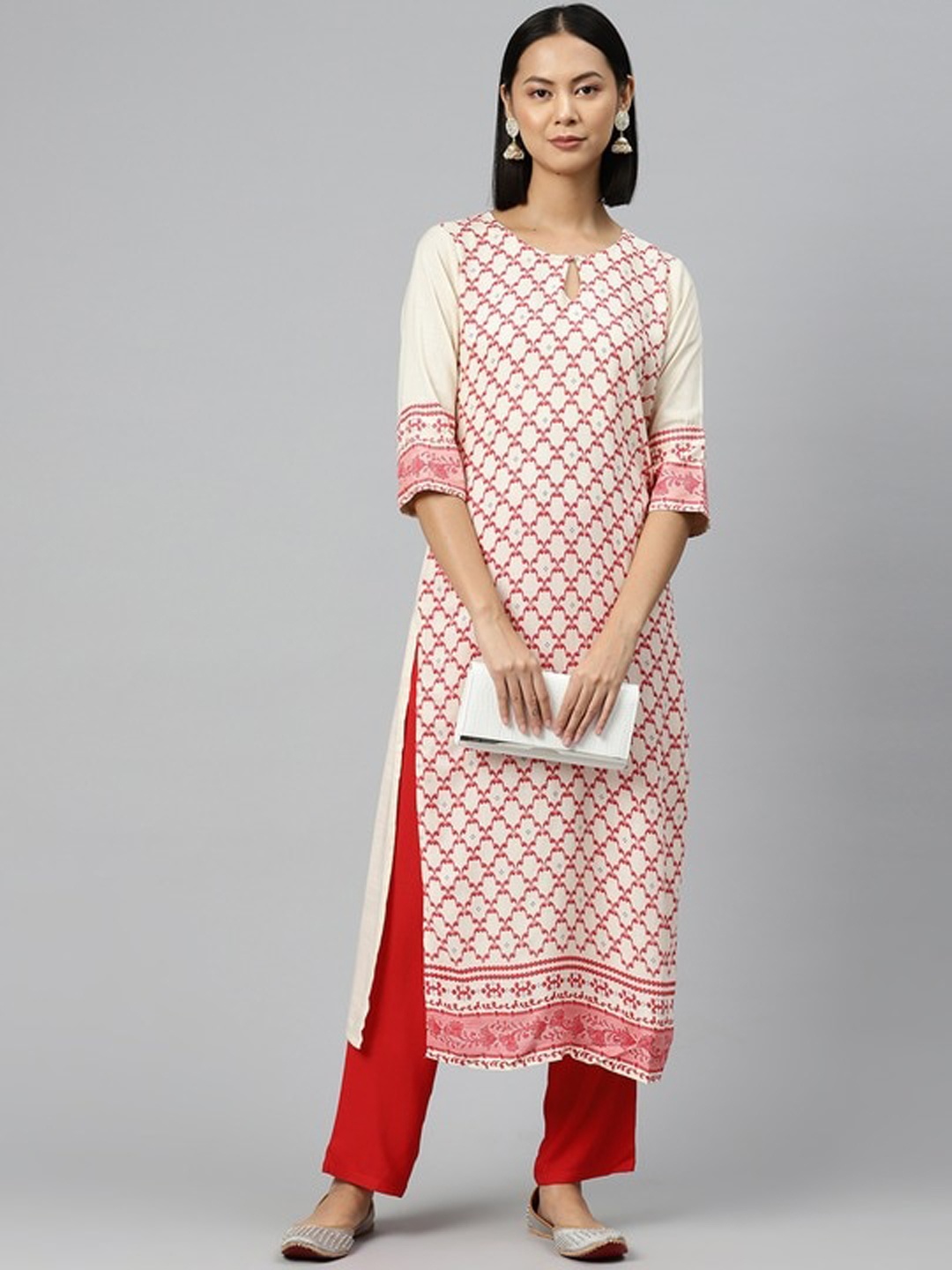 

KALINI Geometric Printed Round Neck Three-Quarter Sleeves Kurta with Trousers, Cream