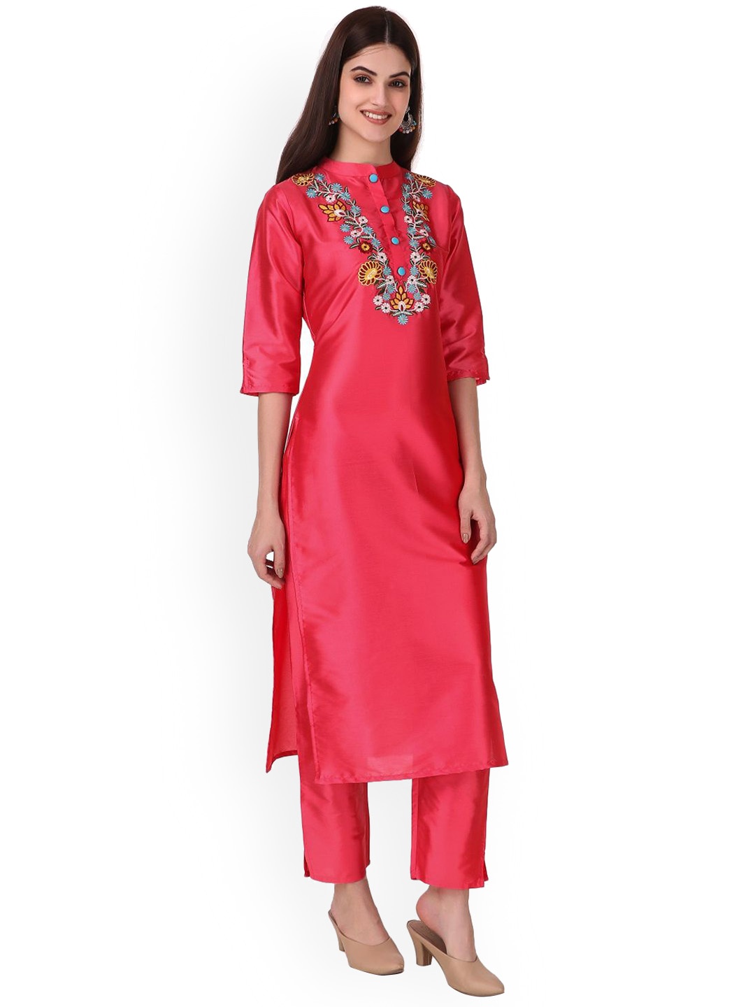 

KALINI Floral Embroidered Mandarin Collar Thread Work Kurta with Trousers, Pink