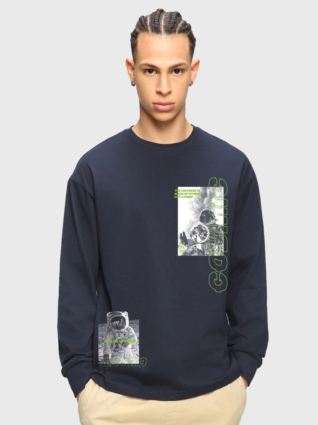 

Bewakoof Navy Blue Cosmic Astro Printed Drop-Shoulder Sleeve Oversized Pure Cotton T-shirt