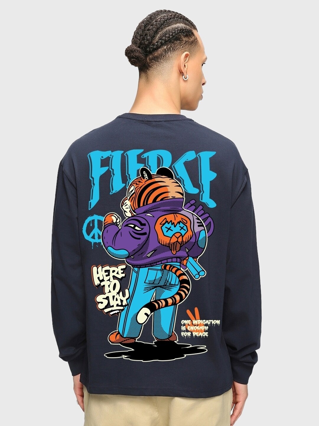 

Bewakoof Purple Fierce Printed Drop-Shoulder Sleeve Oversized Pure Cotton T-shirt, Navy blue
