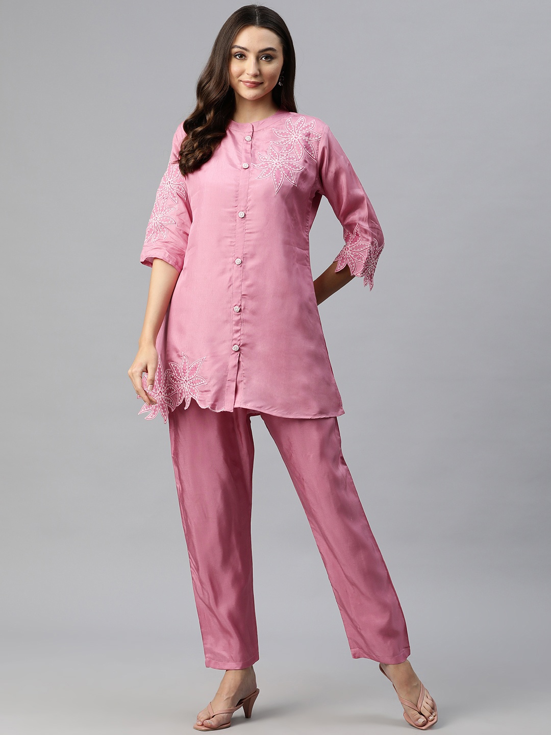 

Readiprint Fashions Women Pure Silk Shirt Style Top with Trousers, Pink