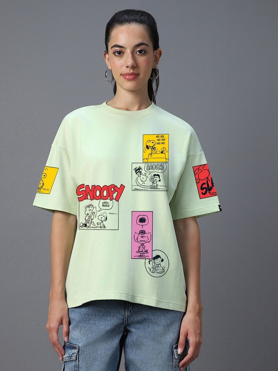 

Bewakoof Heavy Duty 1.0 Women Green Snoopy Squad Graphic Printed Oversized T-shirt