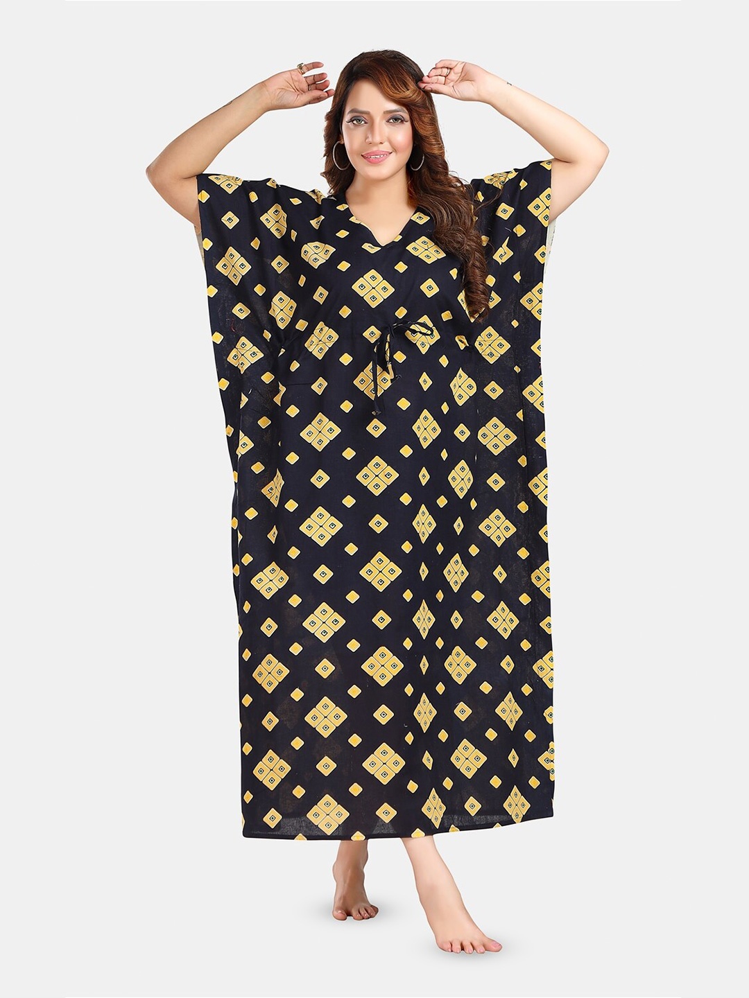 

Fabme Printed Pure Cotton Maxi Kaftan Nightdress, Black