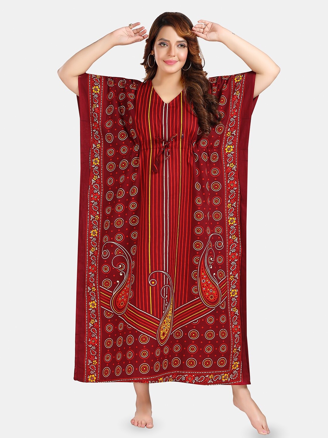 

Fabme Printed Pure Cotton Maxi Kaftan Nightdress, Maroon
