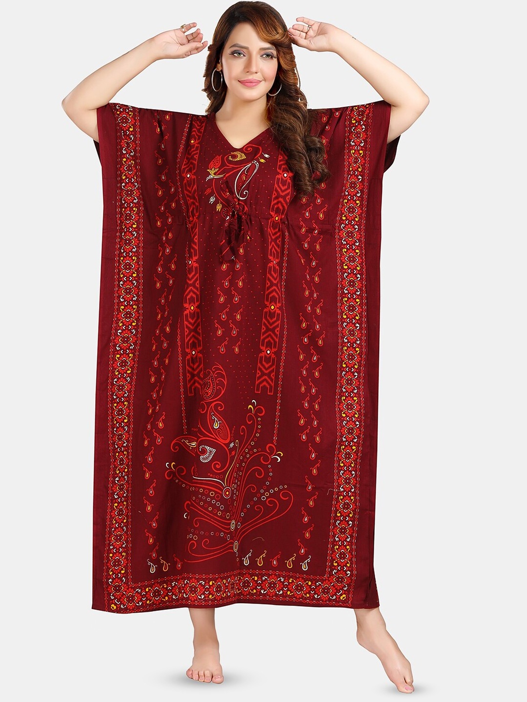 

Fabme Printed Pure Cotton Maxi Kaftan Nightdress, Maroon