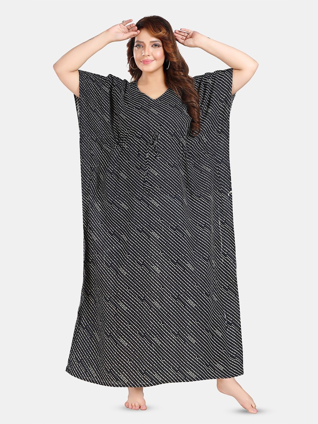 

Fabme Striped Pure Cotton Maxi Kaftan Nightdress, Black