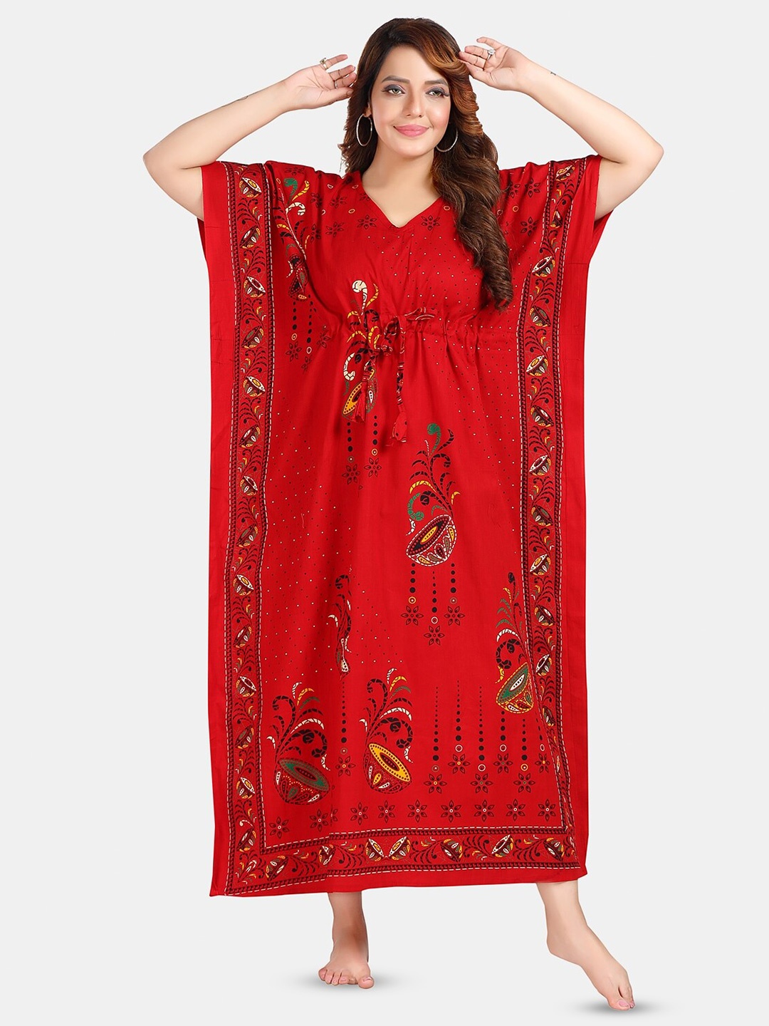 

Fabme Printed Pure Cotton Maxi Kaftan Nightdress, Red
