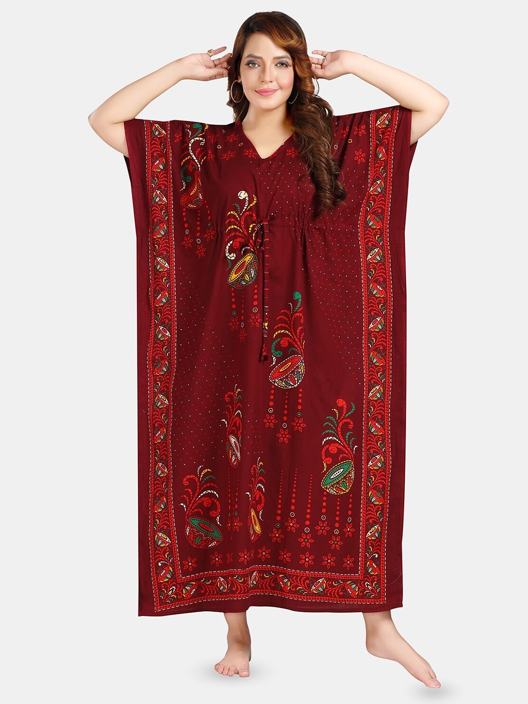 

Fabme Floral Printed Pure Cotton Maxi Kaftan Nightdress, Maroon