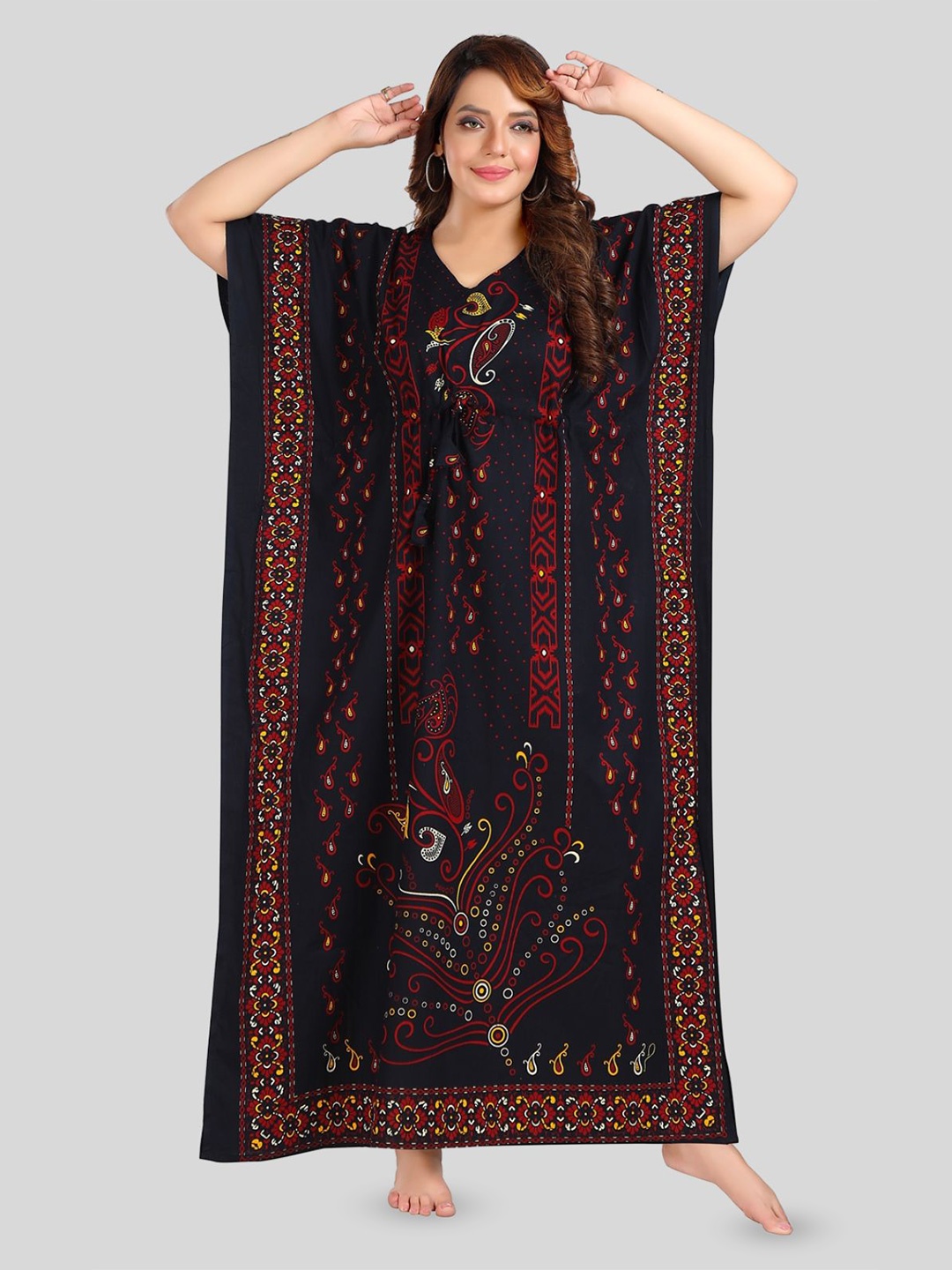 

Fabme Ethnic Printed Pure Cotton Maxi Kaftan Nightdress, Navy blue