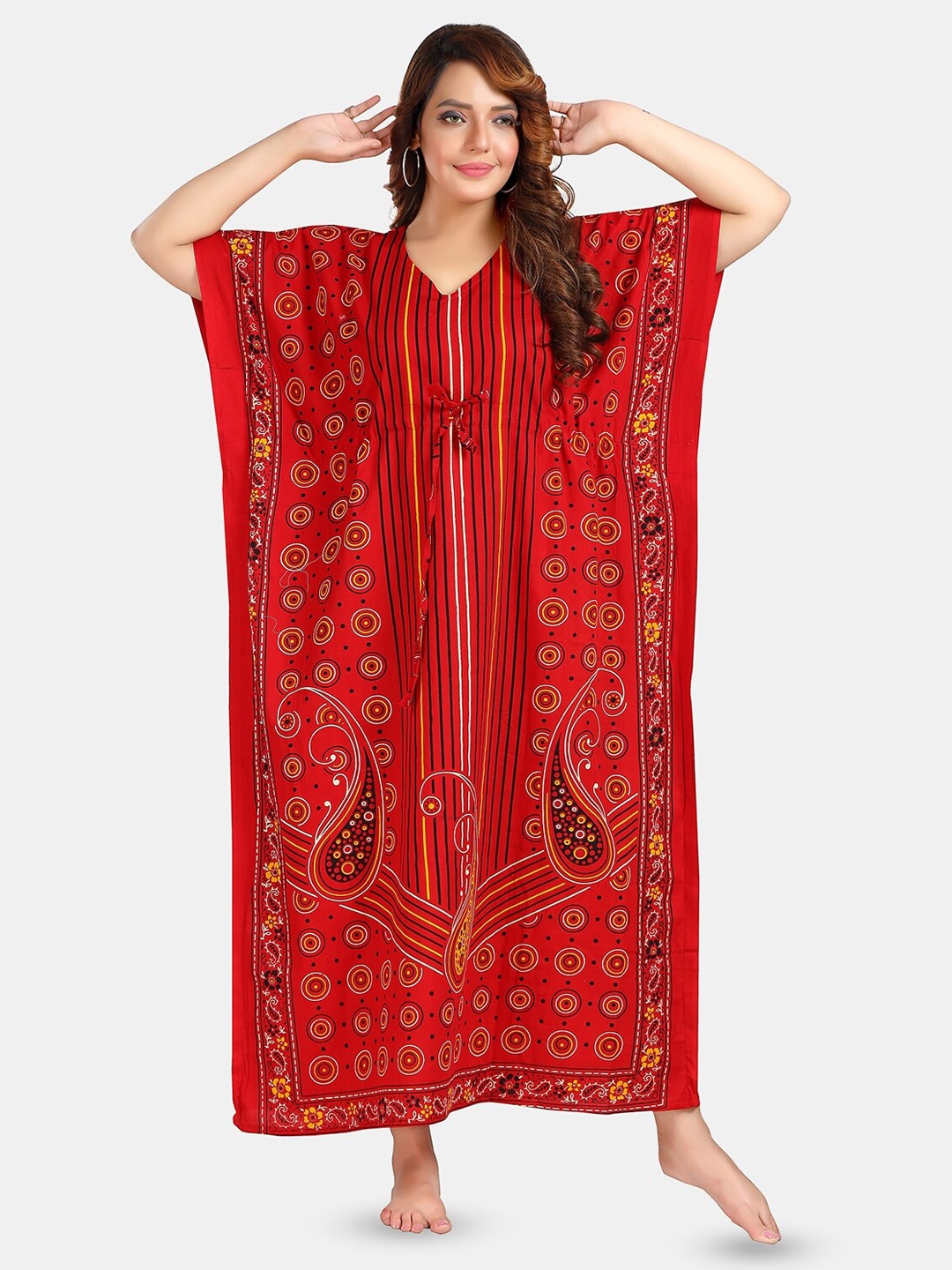 

Fabme Geometric Printed Pure Cotton Maxi Kaftan Nightdress, Red