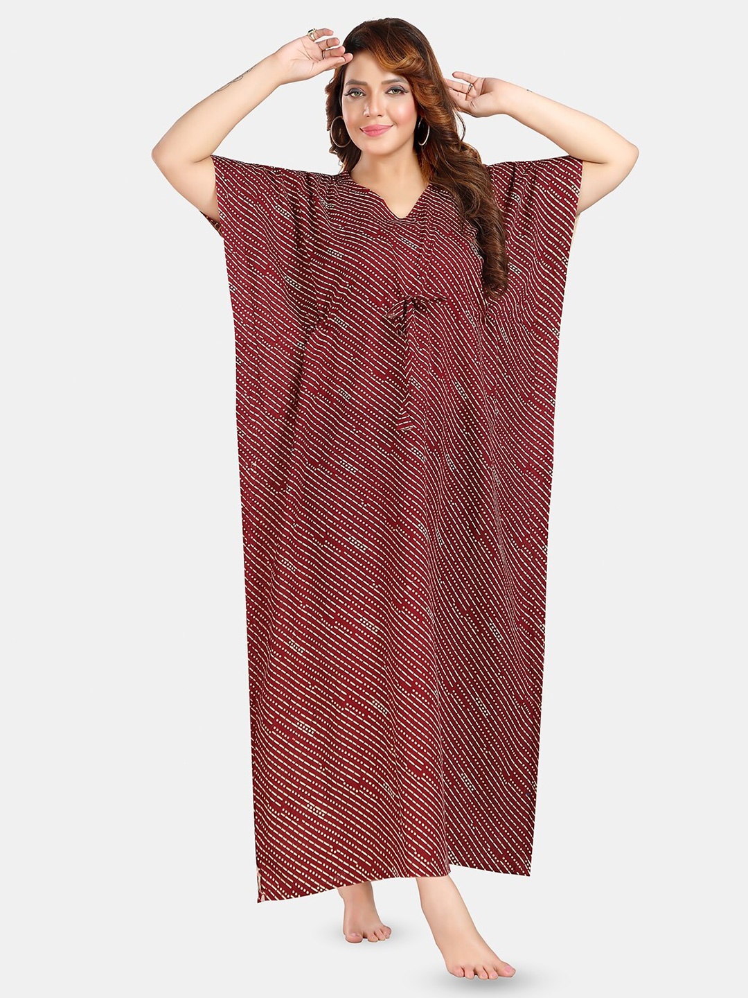 

Fabme Striped Pure Cotton Maxi Kaftan Nightdress, Maroon
