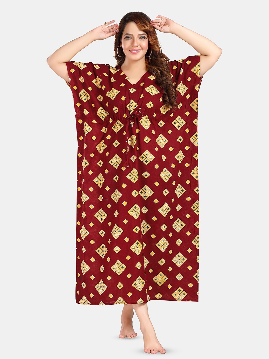 

Fabme Geometric Printed Pure Cotton Maxi Kaftan Nightdress, Maroon