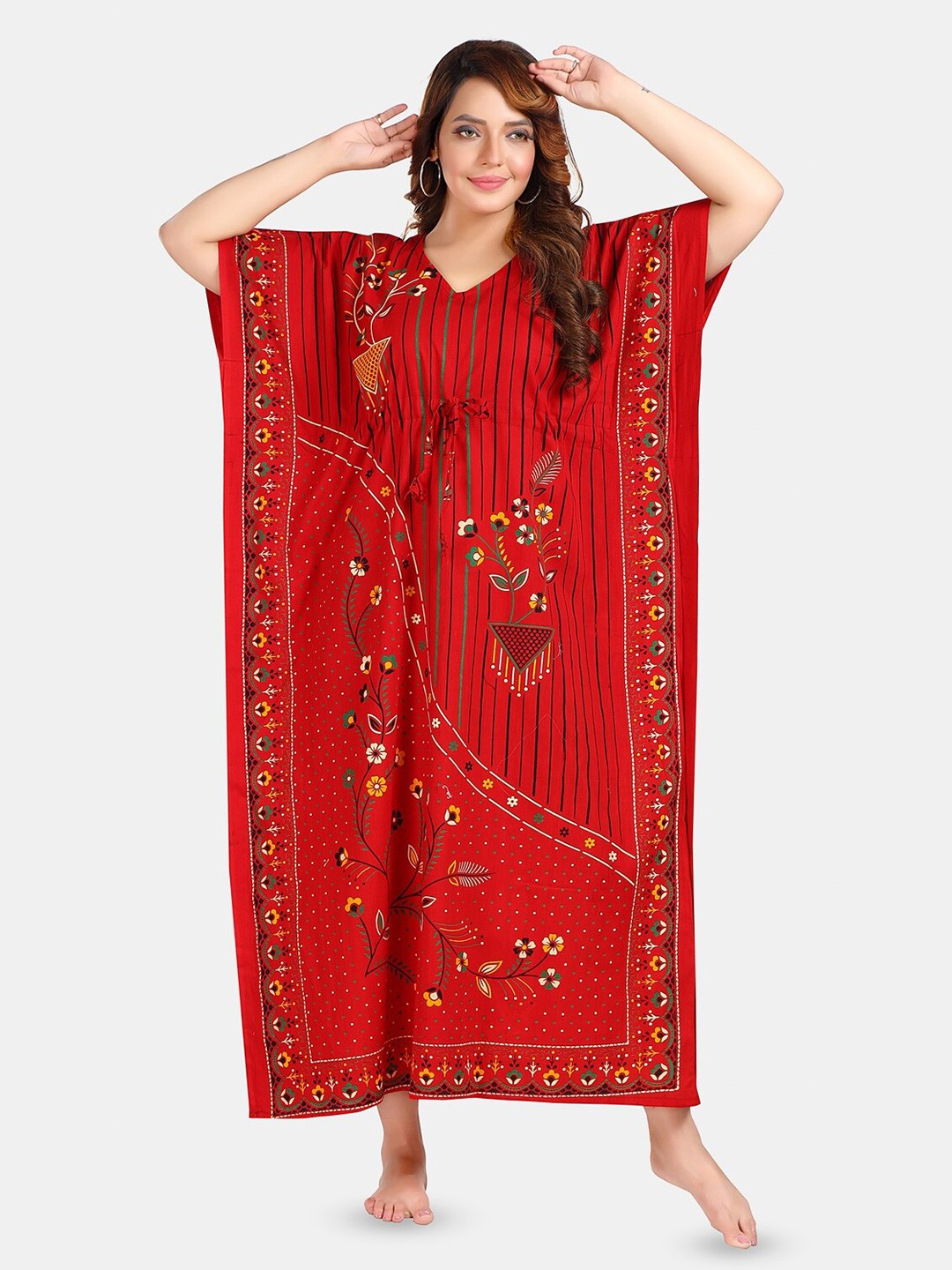

Fabme Floral Printed Pure Cotton Maxi Kaftan Nightdress, Red