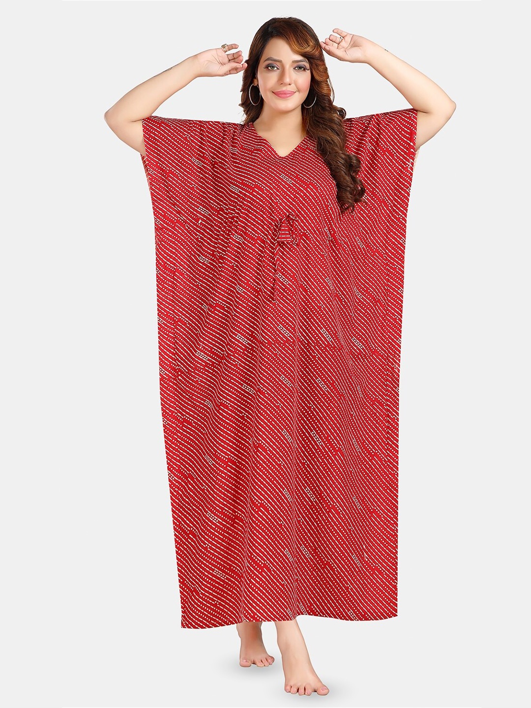 

Fabme Striped Pure Cotton Maxi Kaftan Nightdress, Red