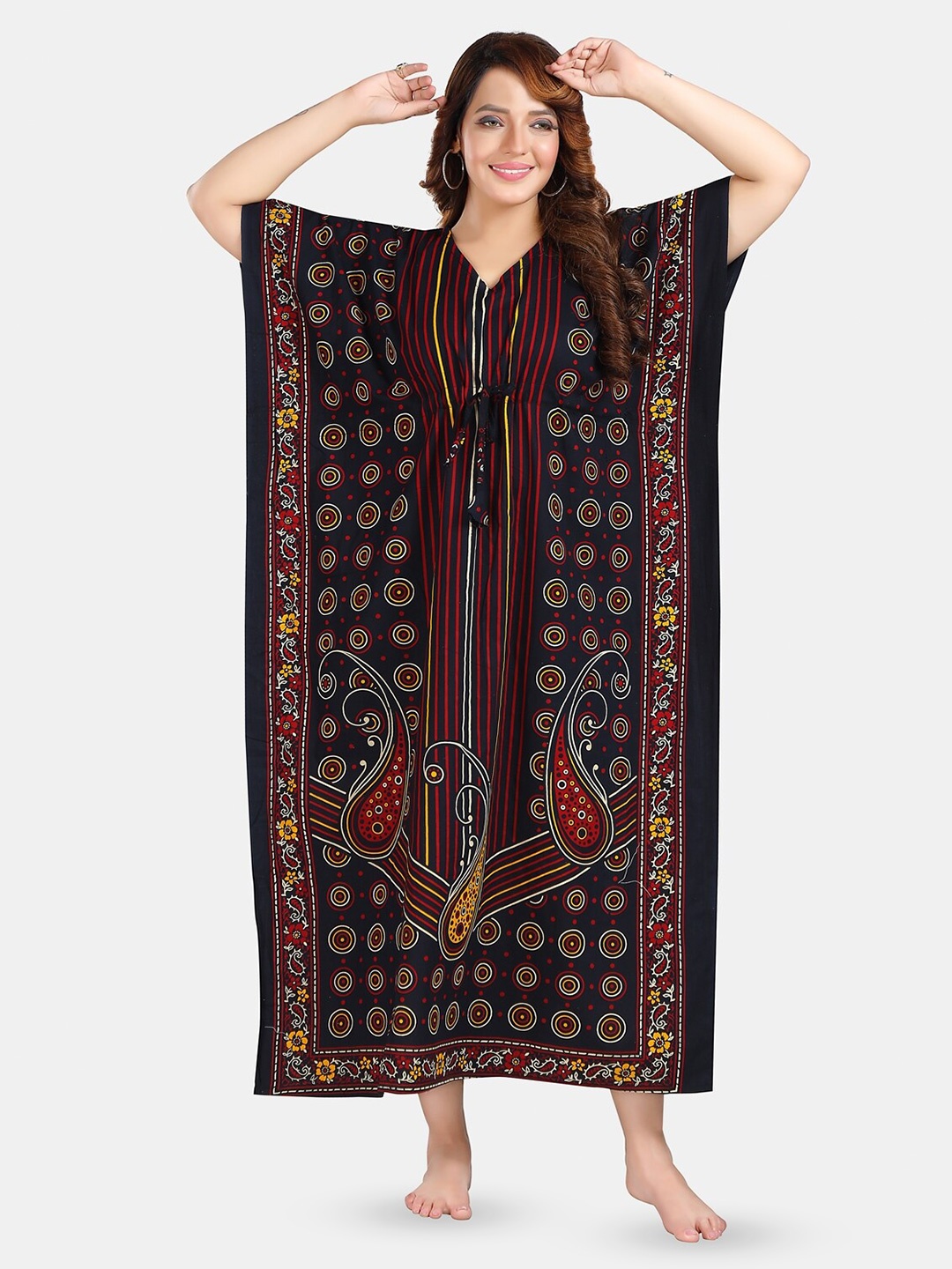 

Fabme Geometric Printed Pure Cotton Maxi Kaftan Nightdress, Navy blue