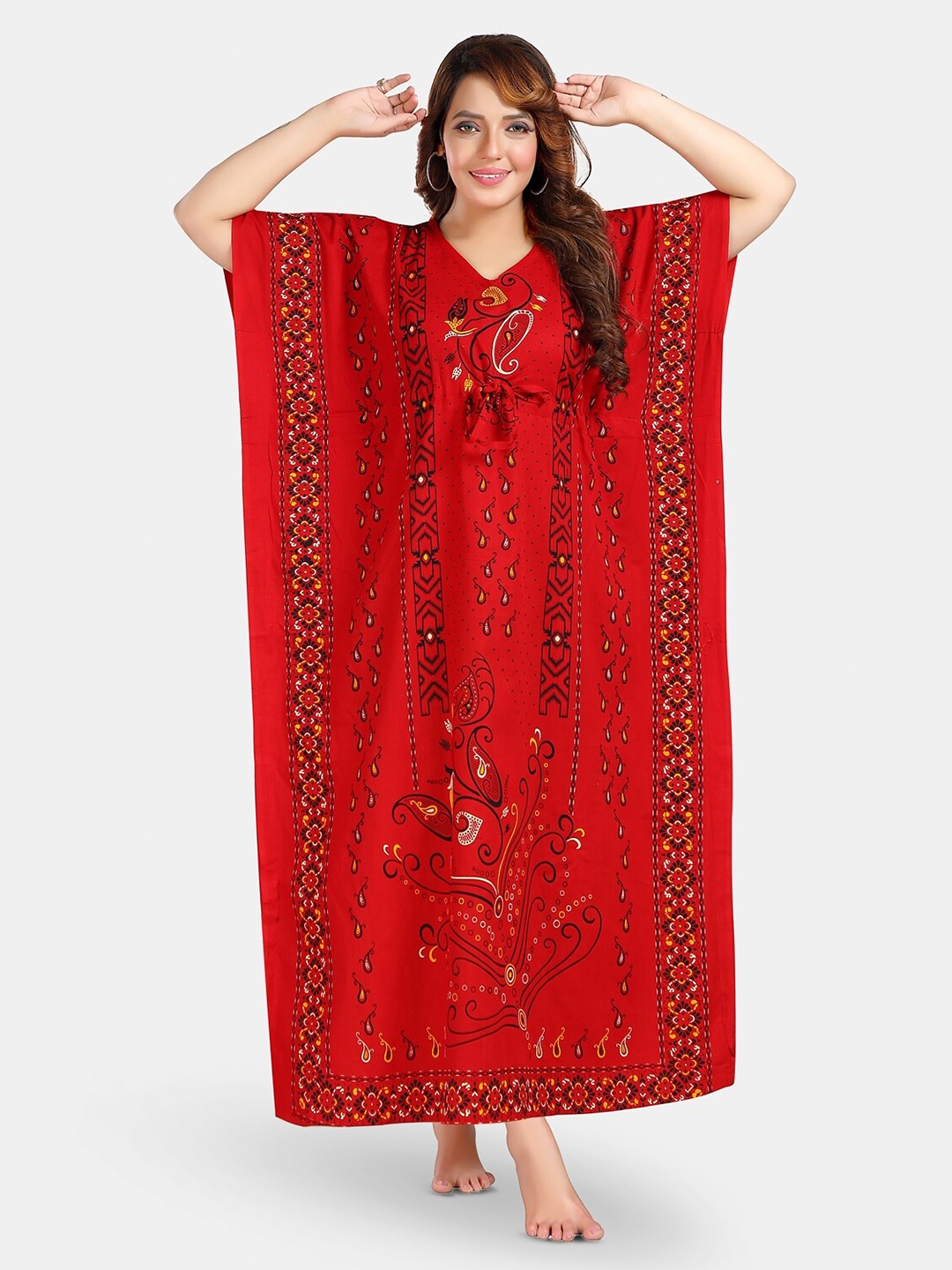 

Fabme Floral Printed Pure Cotton Maxi Kaftan Nightdress, Red