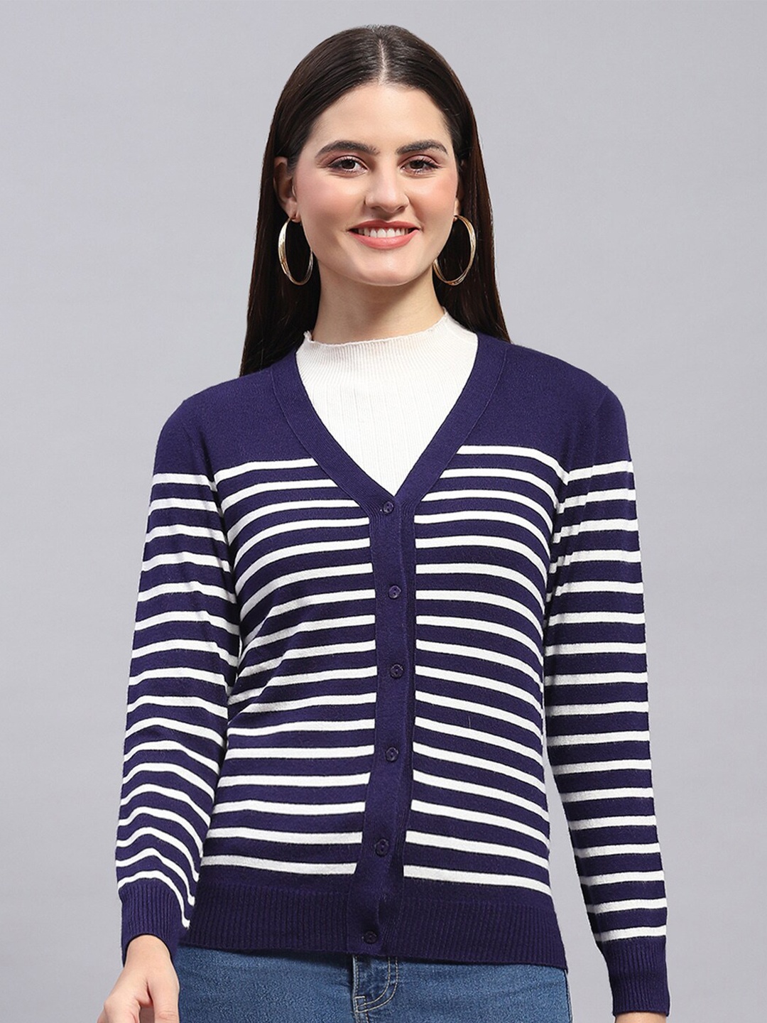 

Monte Carlo Striped V-Neck Full Sleeves Ribbed Woollen Cardigan Sweater, Blue