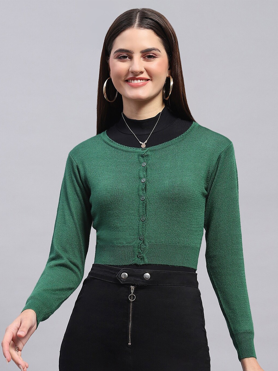 

Monte Carlo Round Neck Full Sleeves Crop Ribbed Woollen Cardigan Sweater, Green