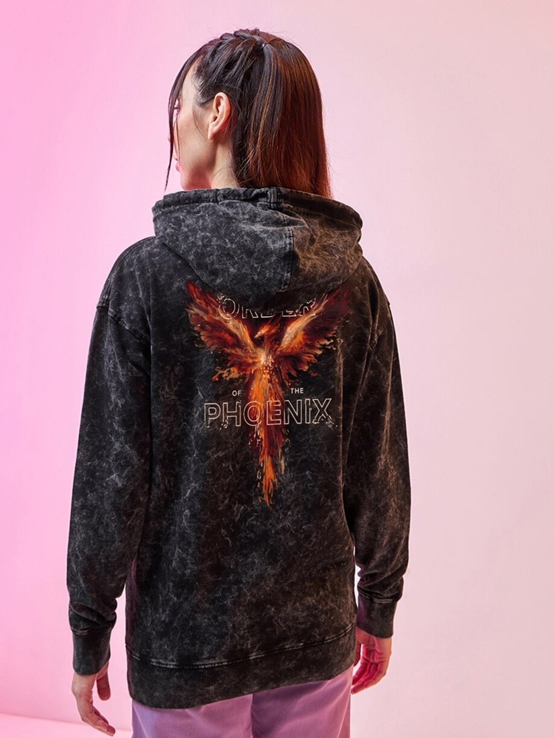 

Bewakoof Black Phoenix Printed Acid Wash Oversized Hooded Fleece Pullover Sweatshirt