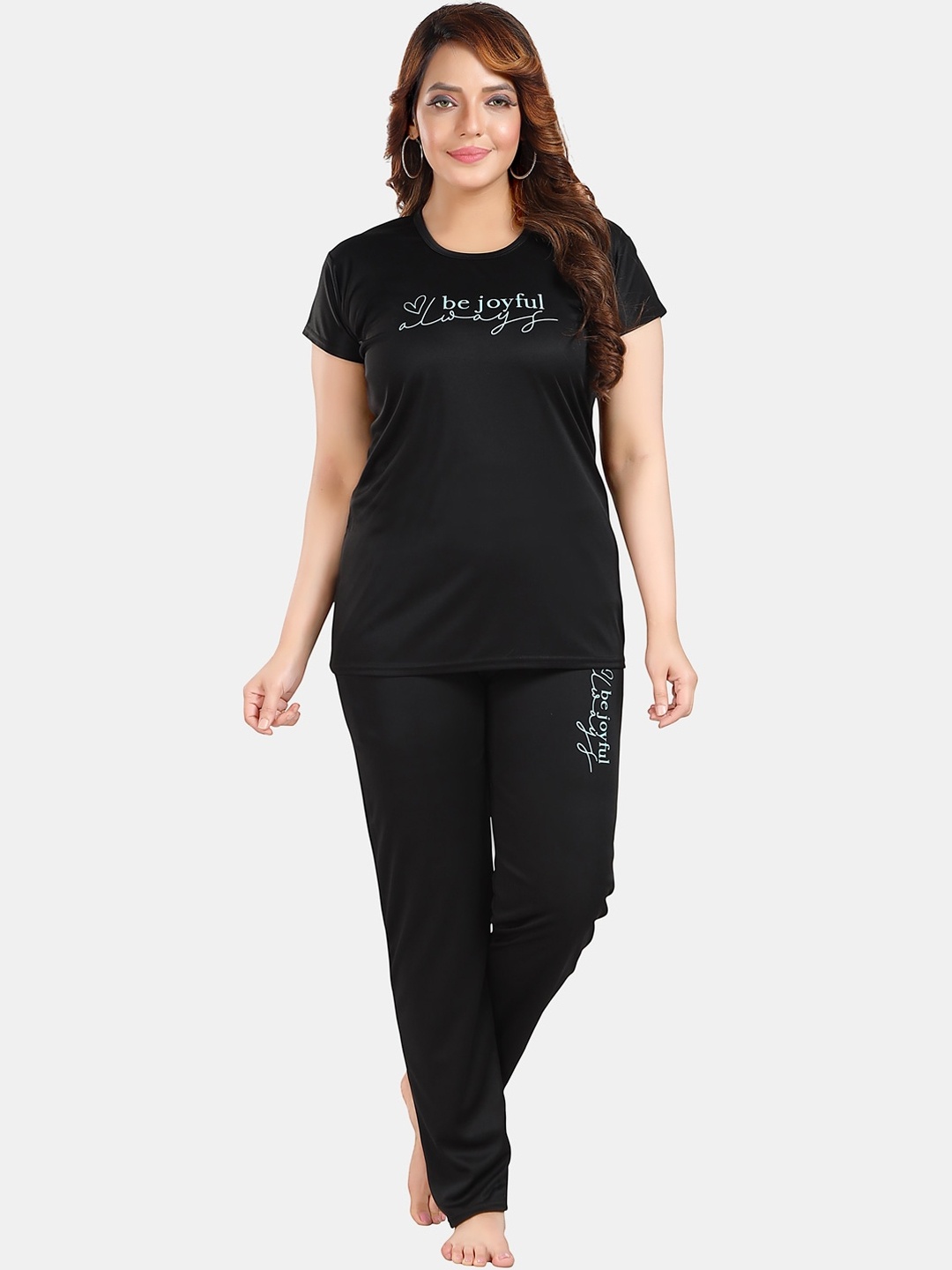 

Fabme Typography Printed Satin Top With Trouser, Black