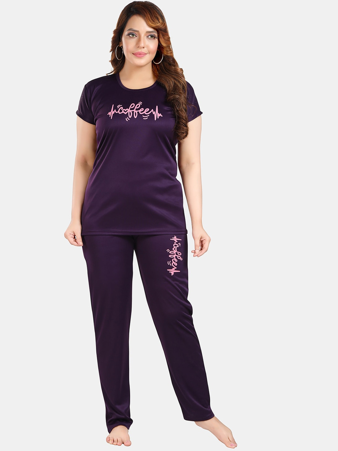 

Fabme Typography Printed Satin Top With Trouser, Purple