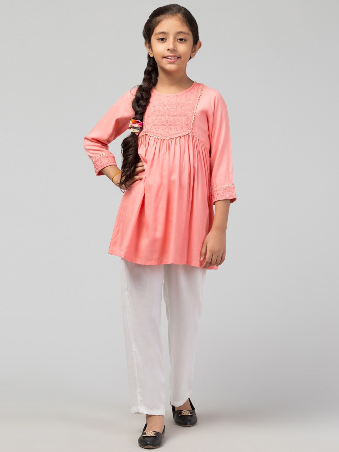 

MUSHKIYA Girls Round Neck Three-Quarter Sleeves Opaque Longline A-Line Casual Top, Peach