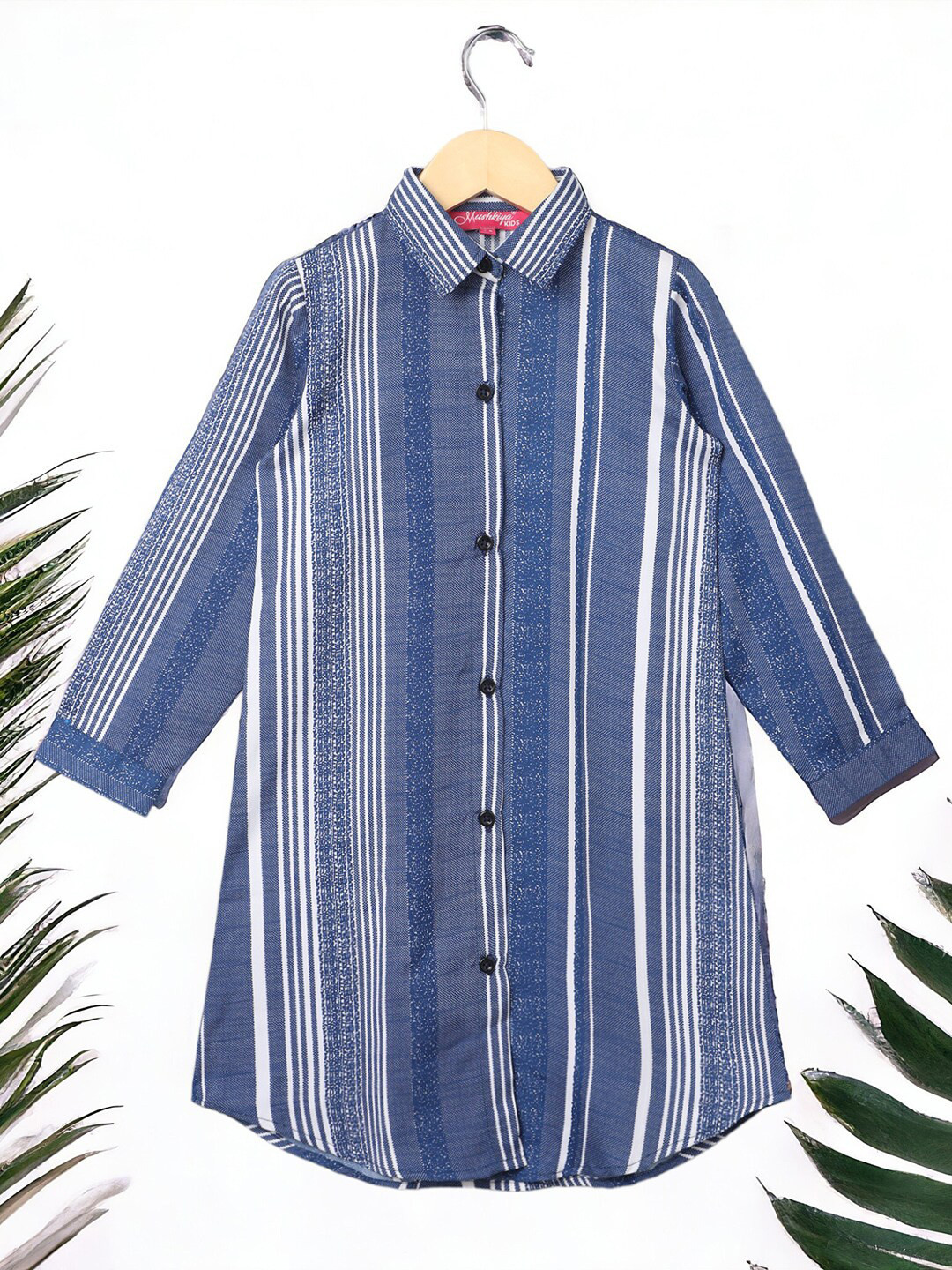 

MUSHKIYA Striped Shirt Collar Long Sleeves Crepe Longline Tunic, Blue