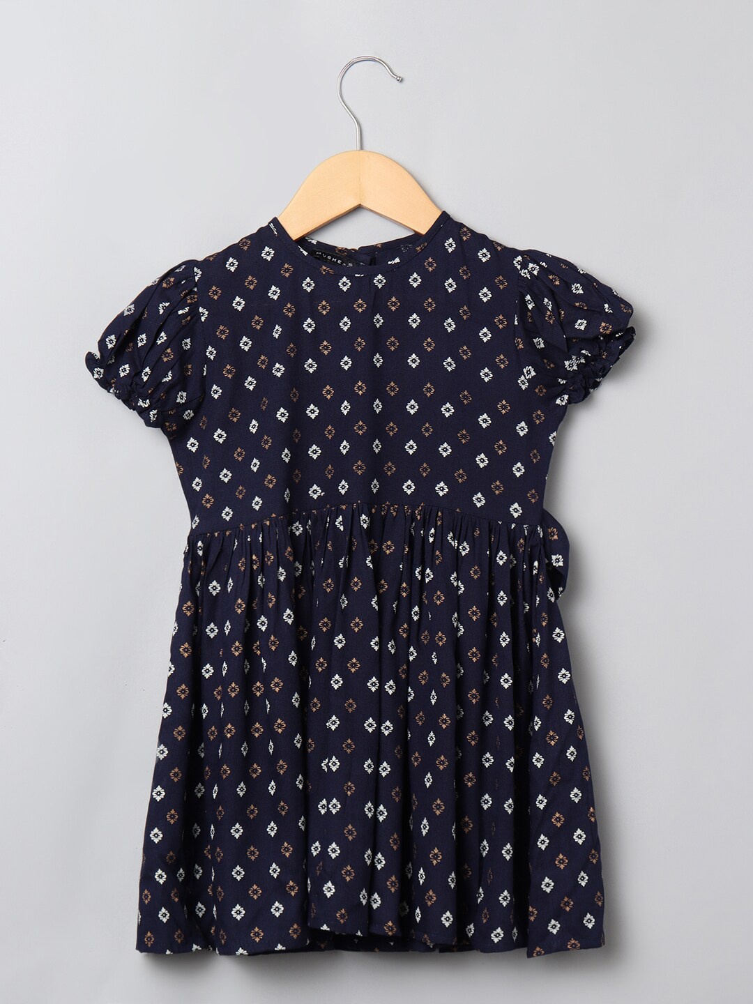 

MUSHKIYA Infant Girls Ethnic Printed Puff Sleeve Gathered Fit & Flare Ethnic Dress, Navy blue