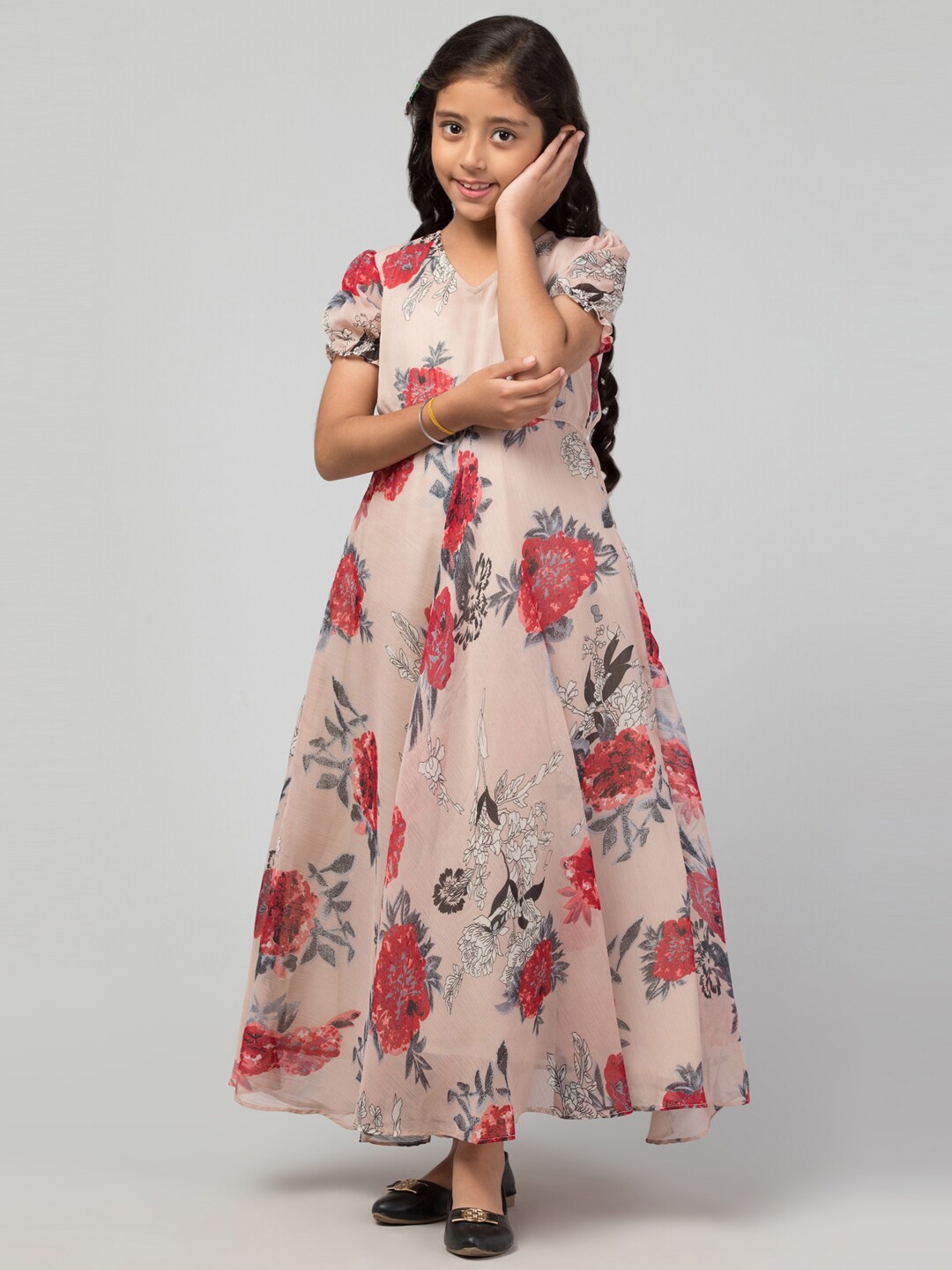 

MUSHKIYA Girls Floral Print Georgette Maxi Dress, Beige