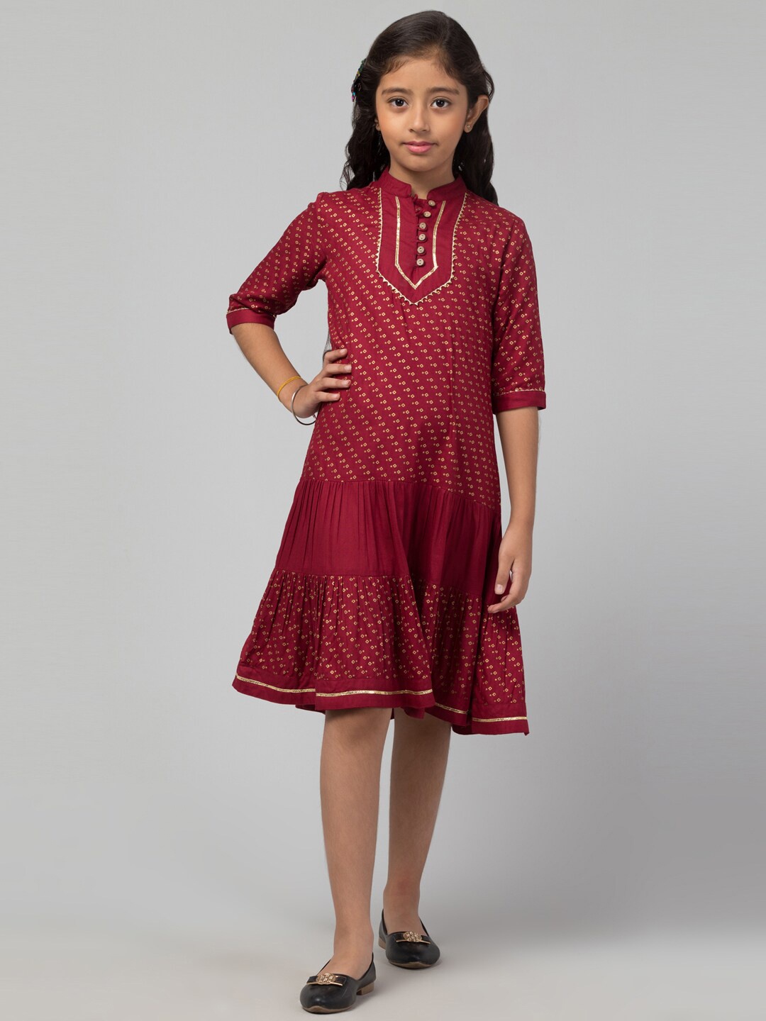 

MUSHKIYA Geometric Printed Round Neck Three-Quarter Sleeves A-Line Casual Dress, Maroon