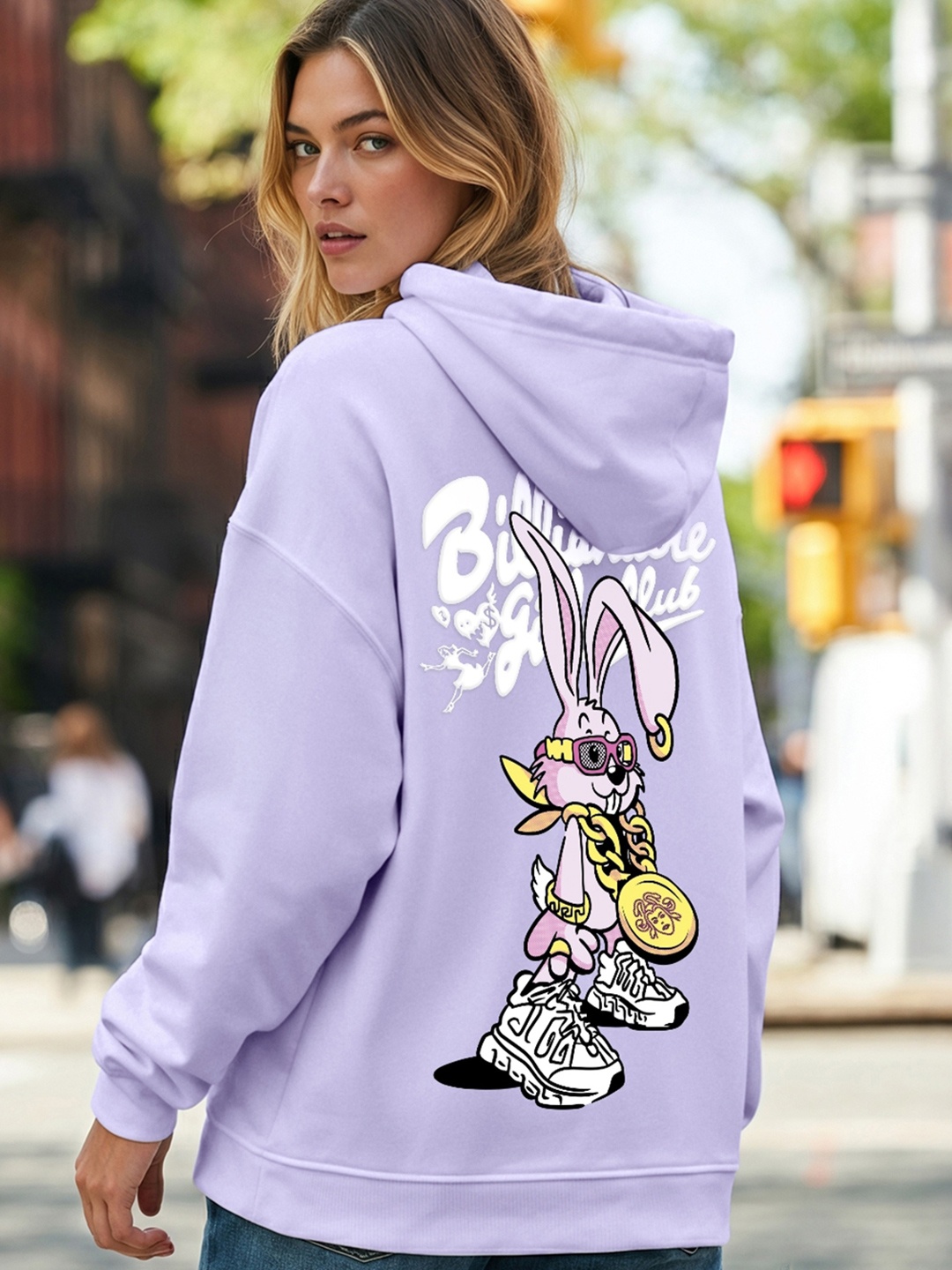

Bewakoof Heavy Duty 1.0 Women Billionaire Girls Club Graphic Printed Oversized Hoodies, Purple