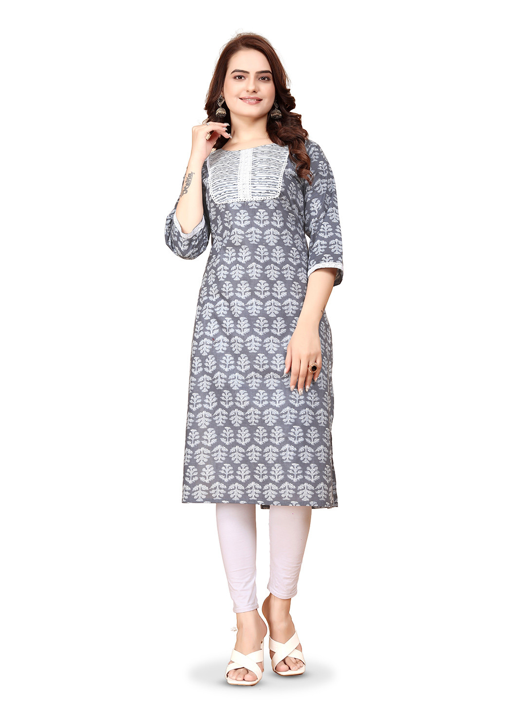 

BAESD Ethnic Motifs Printed Laced Cotton Straight Kurta, Grey