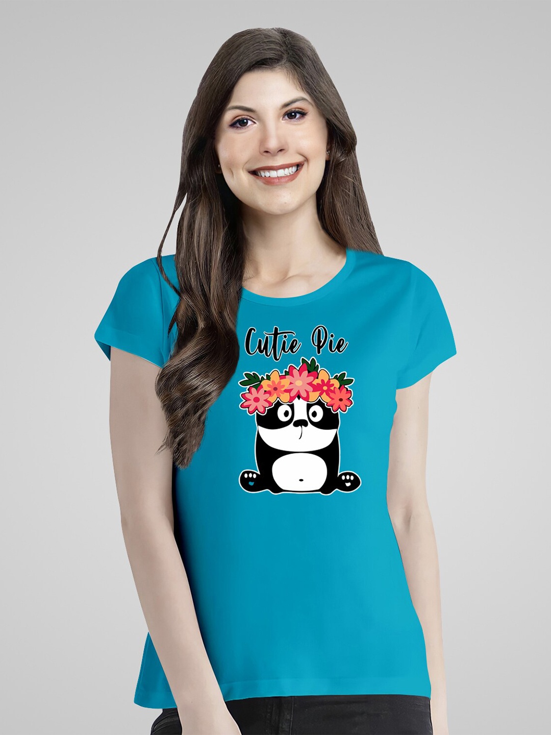 Pootlu Panda Printed Extended Sleeves Pure Cotton T-shirt, Turquoise blue